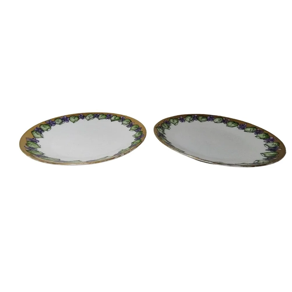 Antique PT Tirschenreuth‎ Dessert Plates Bavaria Violet Gold Trim Signed Set Two